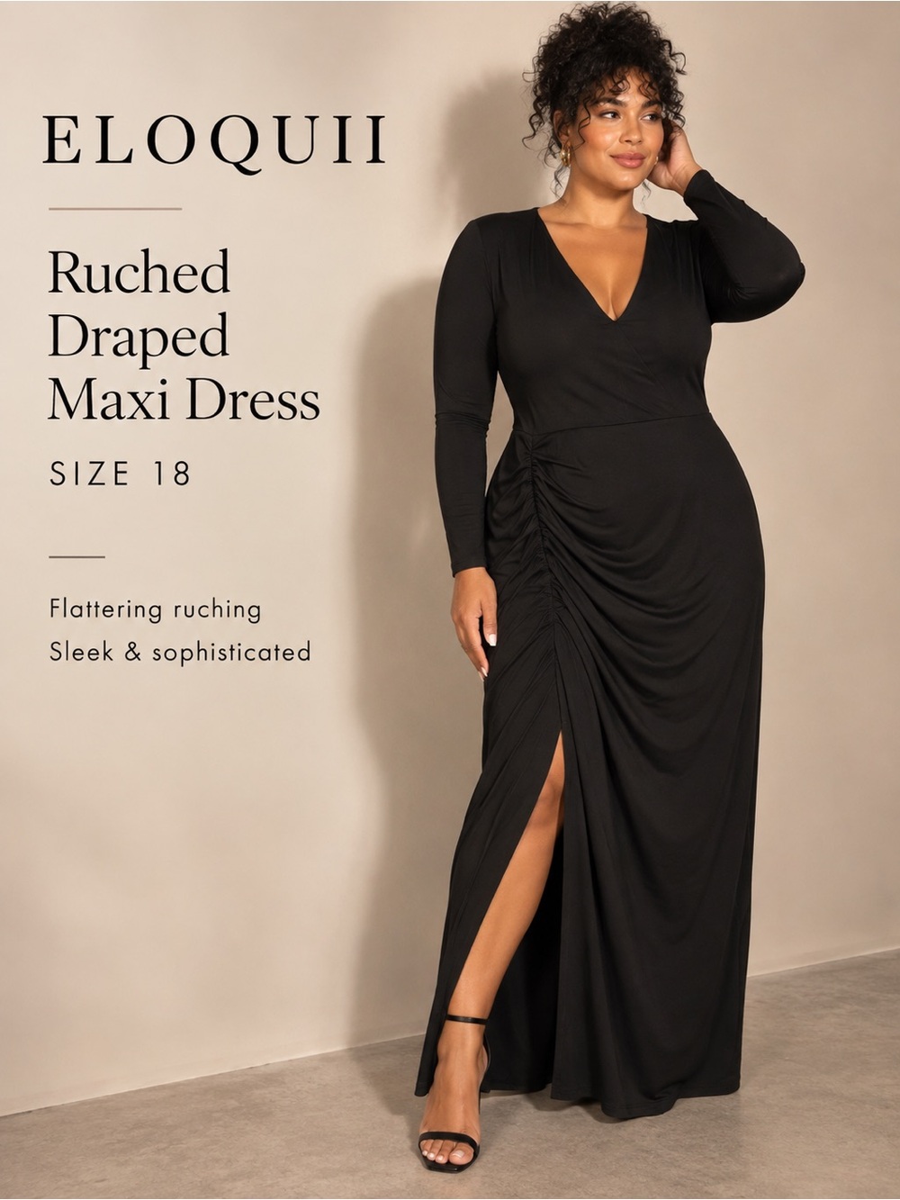 ELOQUII Black Ruched Draped Long Sleeve Maxi Dress Size 18 NWT